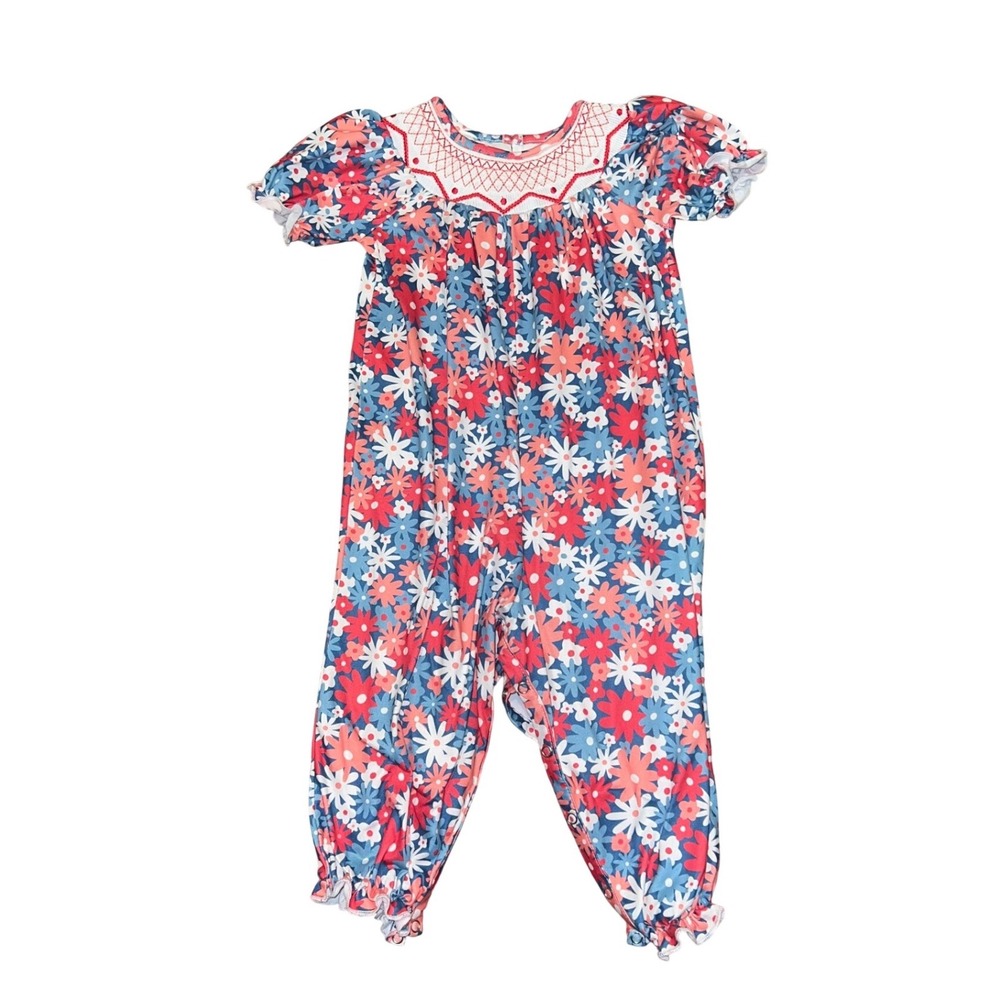 Marie Nicole Clothing Floral Smocked Romper Red White Blue Daisy 18-24M